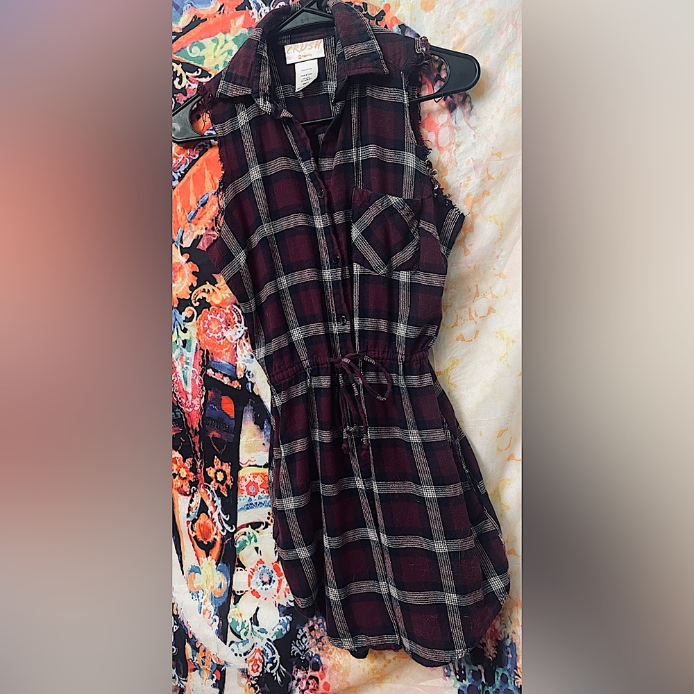 Plaid Purple & black form-giving, comfortable Cotton dress. SMALL. 3 pockets!